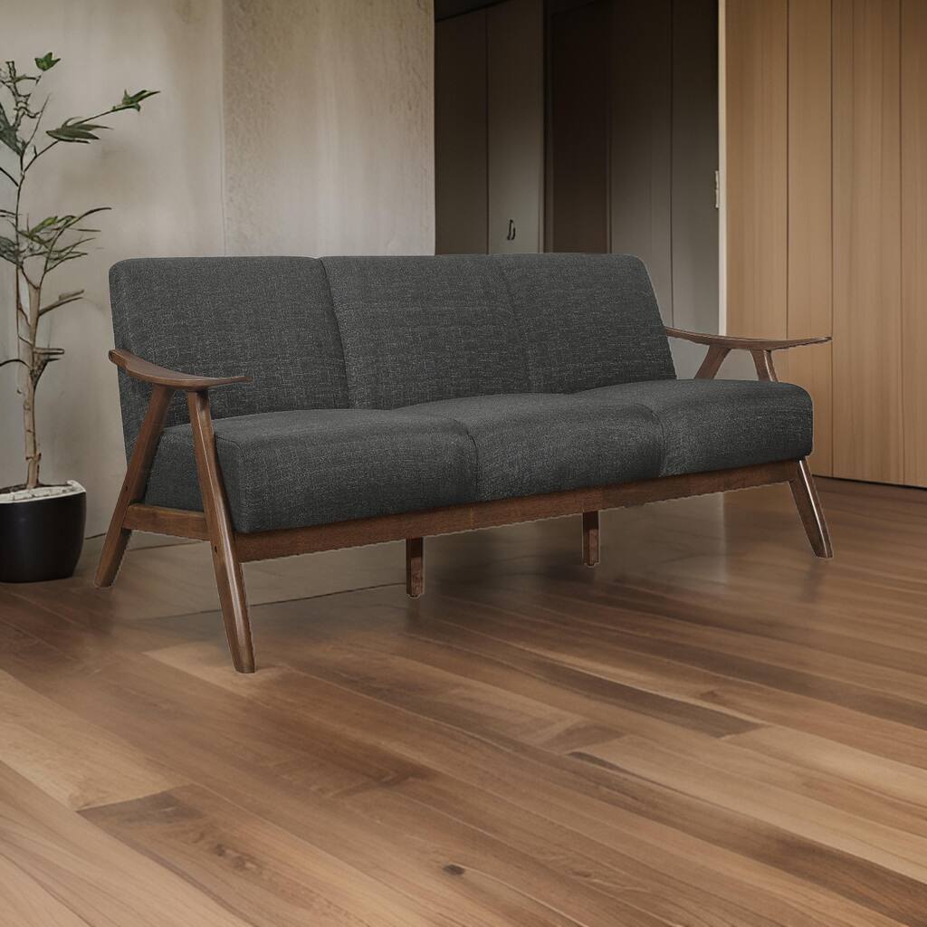 Indy 73 Inch Sofa, Brown Rubberwood Angled Frame, Textured Gray Fabric