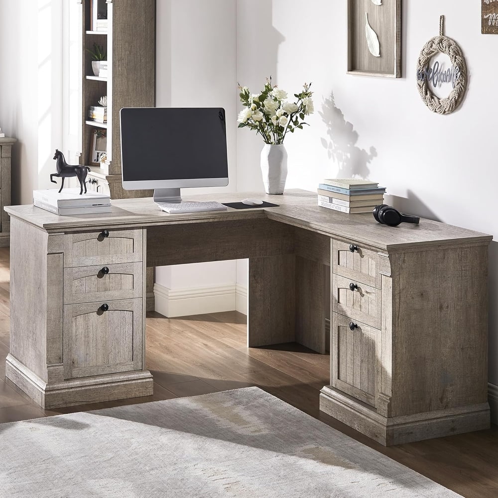 Farmhouse Computer Desk, Wood Home Office Desk with Charging Station