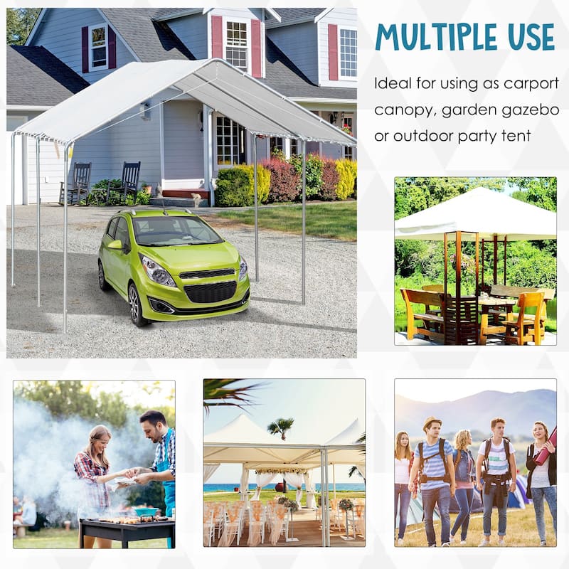 Large Outdoor Carport with Galvanized Steel Frame and White PE Canopy Ground Stakes - 9.6' L x 19.5' W x 8.5' H