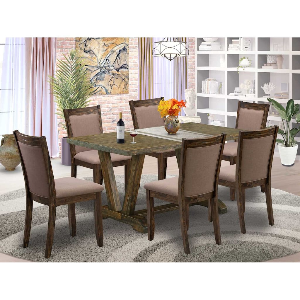 HomeStock 7-Piece Distressed Jacobean Finish Solid Wood Top Dining Table with 6-Chairs