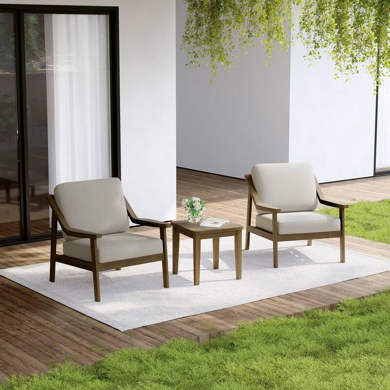Outdoor Wood Cushioned Patio Set of 2 Accent Chair with Side Table