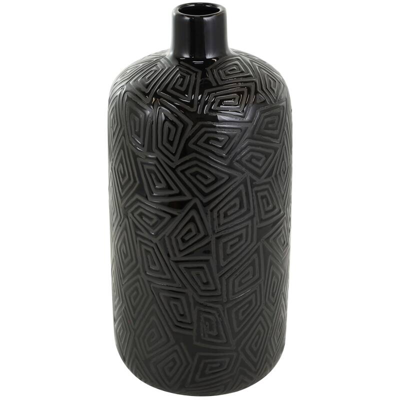 Black Ceramic Vase with Geometric Etchings