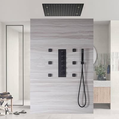 matte black 20 inch rain mist head 4 way thermostatic shower system - 7'6" x 10'9"