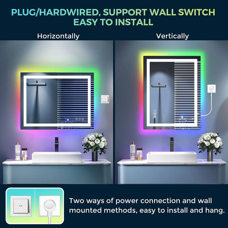 KIOTEE Rectangular LED Frontlit & RGB Backlit Anti-Fog Tempered Glass Bathroom Vanity Mirror with ETL and 3-Year Warranty