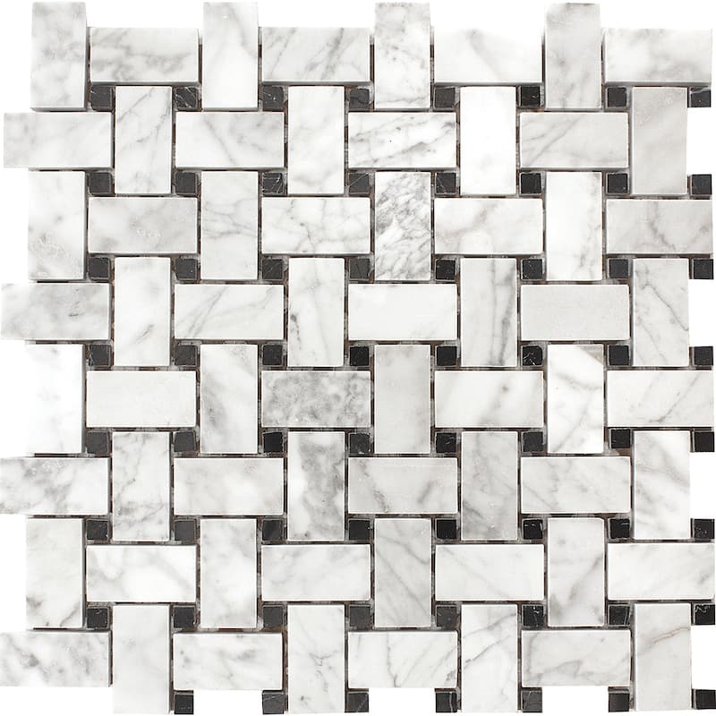 Carrara Marble Polished Basketweave Polished Mosaic Tile - Sample - White