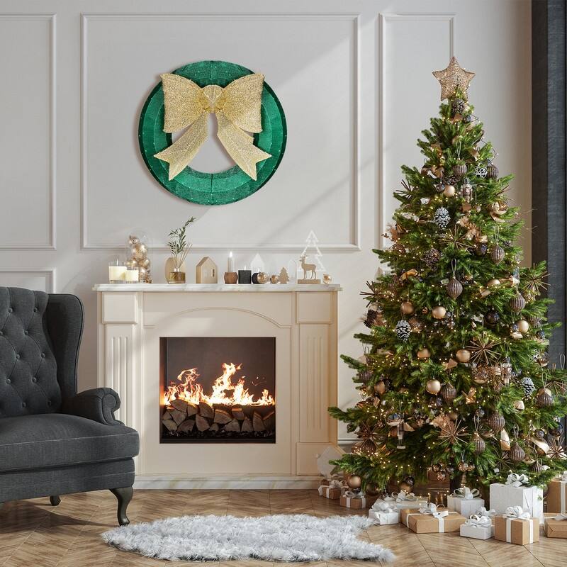 24in Pre-lit Christmas Wreath Decoration, Lighted Metal Wreath,Green and Warm White LED Lights, for Indoor Outdoor Holiday Party