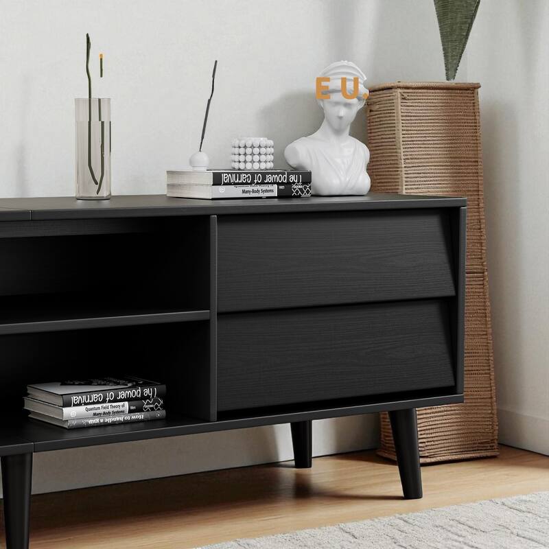 63" Vintage-Style TV Stand with Beveled Design, Media Console with 4 Drawers & 2 Shelves, Solid Wood Legs