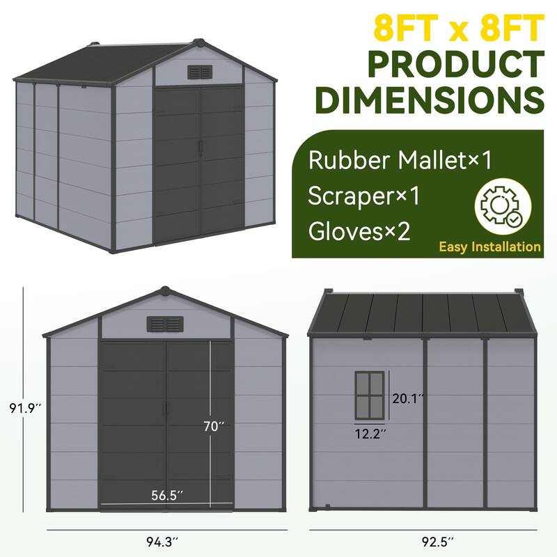 EROMMY Outdoor Storage Shed with Built-In Floor, Lockable Double Doors & Sloped Roof, Gray/Black