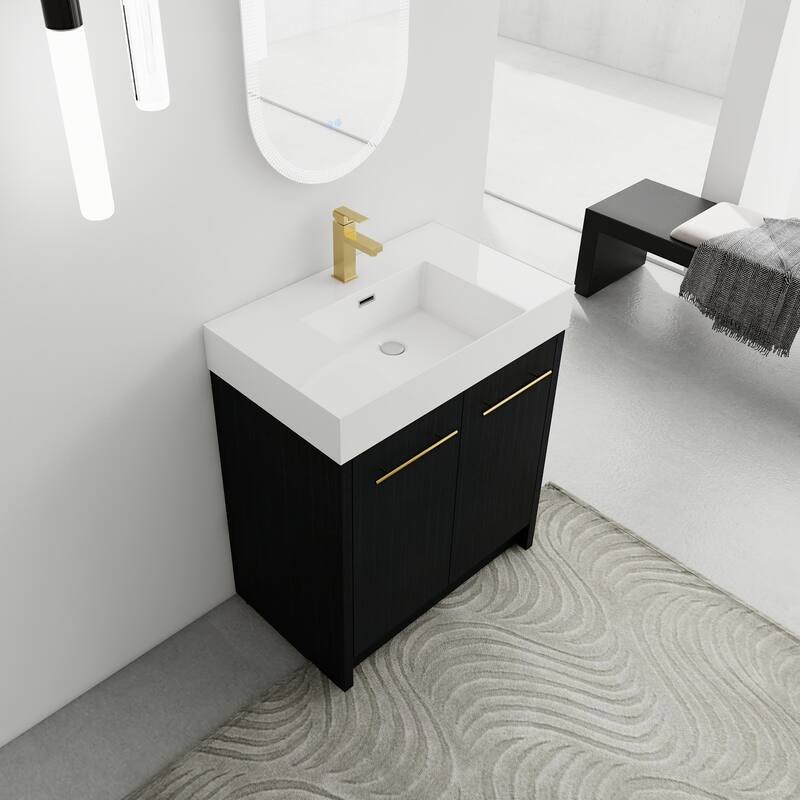 24" Bathroom Vanity with Resin Sink, Soft Close Hinges, Adjustable Storage, Black Chestnut Color, Freestanding Cabinet