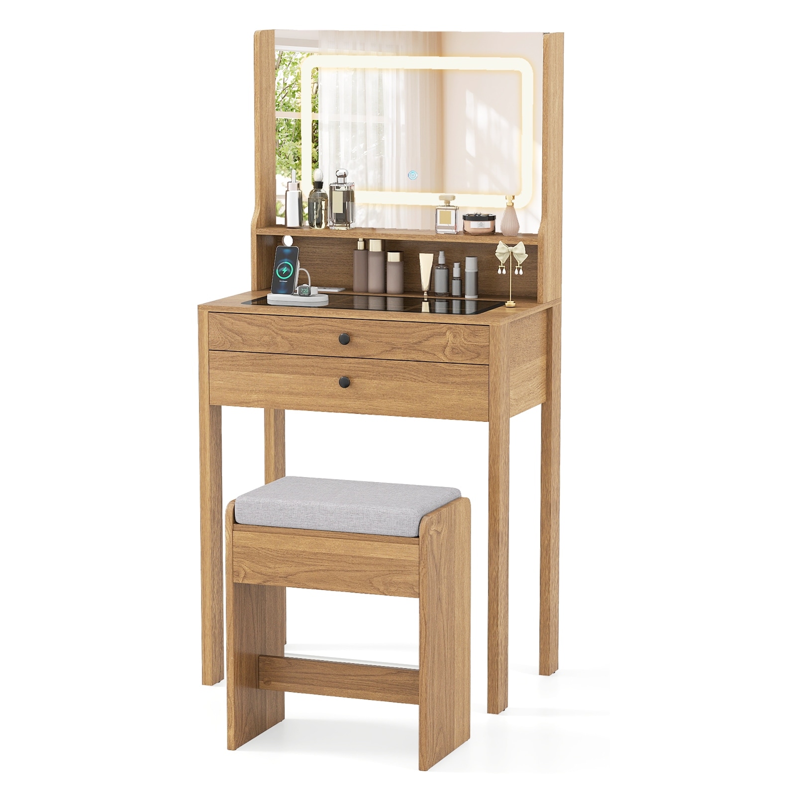 Gymax Small Vanity Desk Makeup Table & Padded Stool Set w/ Charging