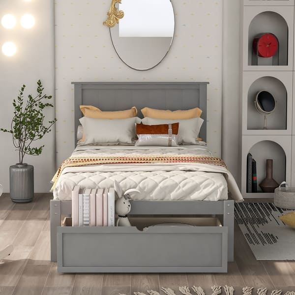 slide 2 of 36, Twin/Full Solid Wood Bed Frame with Headboard and Storage Drawers, Kids Platform Bed Frame Twin/Full Size, No Box Spring Needed