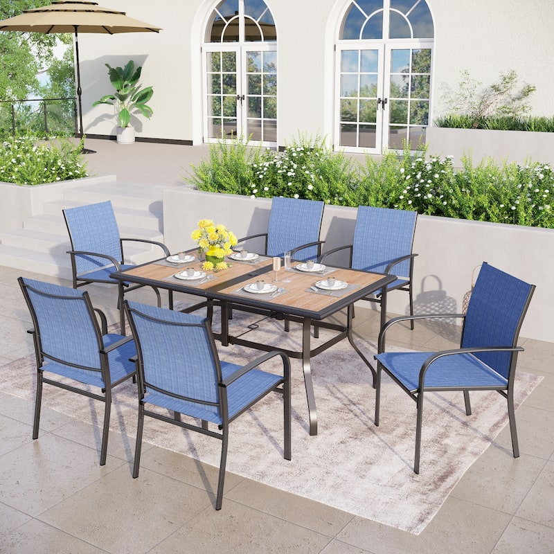 MAISON ARTS 7-Piece Patio Dining Set Wood-look Rectangle Table and 6 Textilene Chairs - Blue Chairs