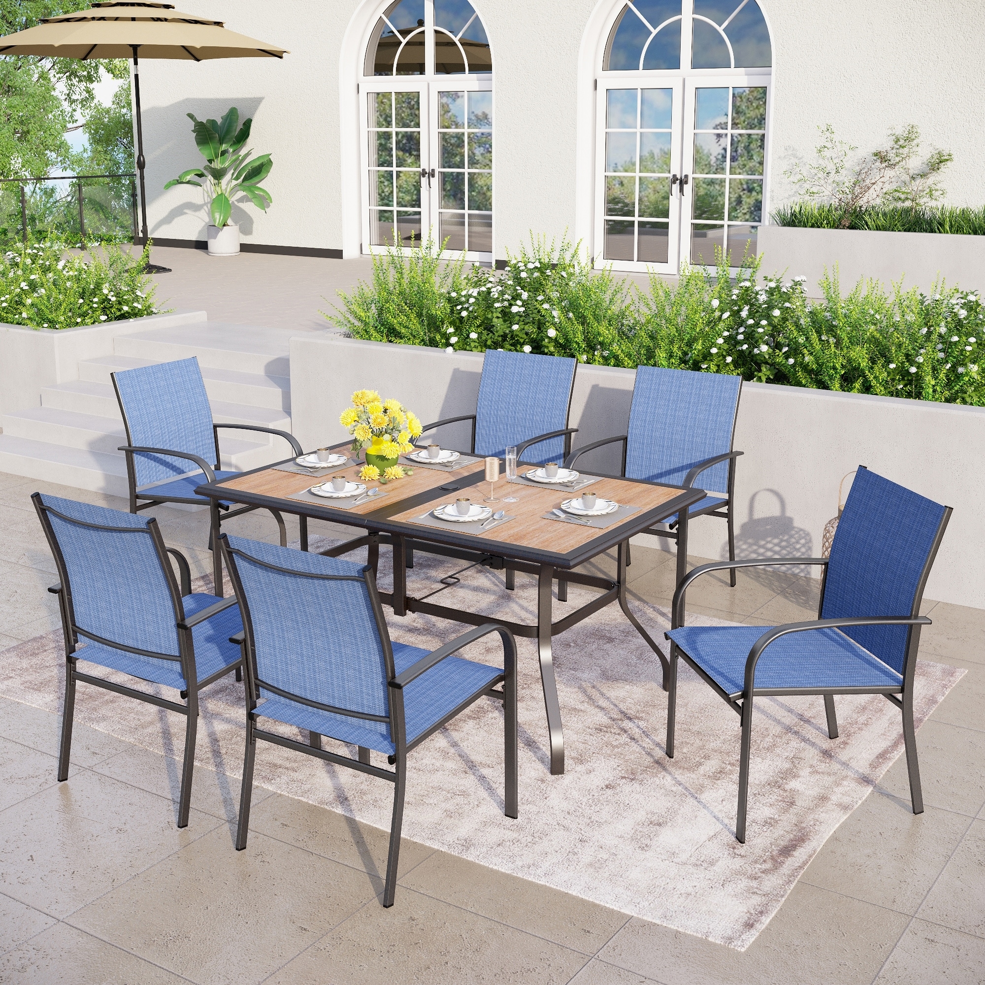 MAISON ARTS 7 Pieces Patio Dining Set Wood-look Rectangle Table and 6 Textilene Chairs