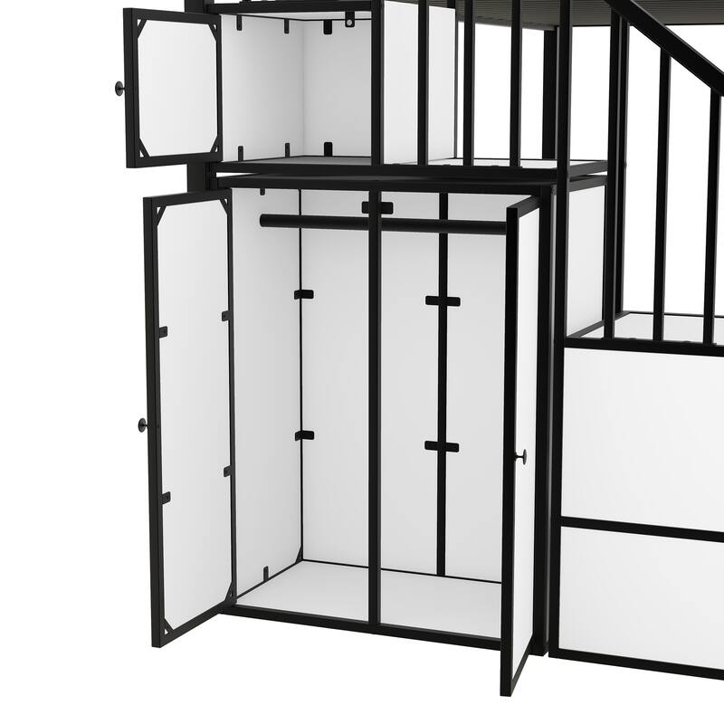 Twin Metal Castle Bunk Bed with Wardrobe, Staircase, and Cabinets