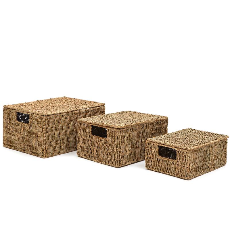 Trademark Innovations Set of 3 Rectangular Seagrass Baskets with Lids (Small) - Natural