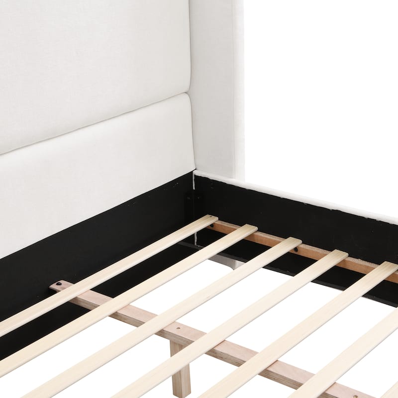 White Upholstered Platform Bed Frame with 49.6" Tall Wingback Headboard for Bedroom, Wood Slats Support, No Box Spring Needed