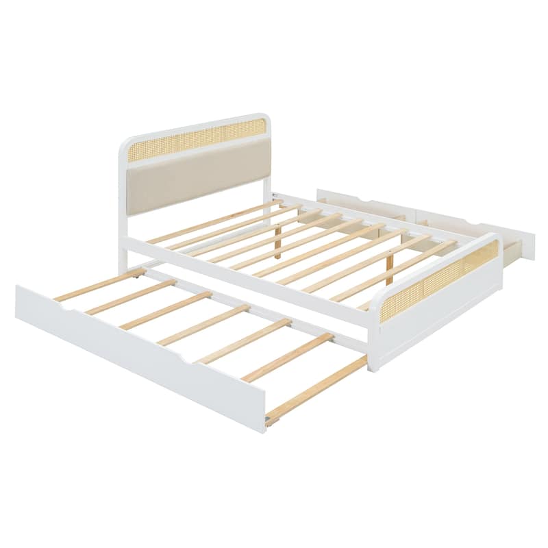 Boho Cane Wooden Platform Bed Queen Storage Bed with Wooden Headboard, Trundle and 2 Storage Drawers