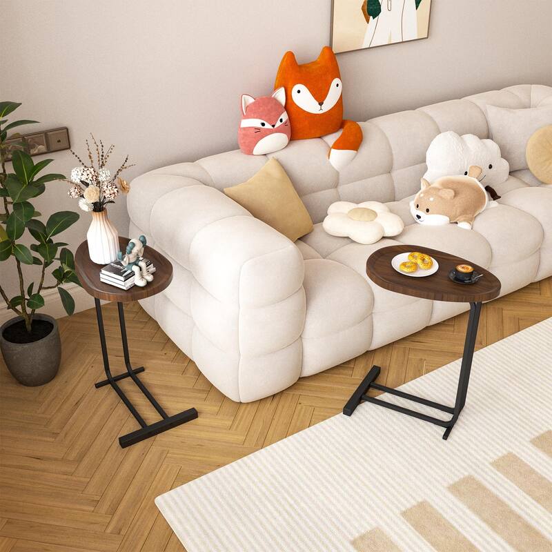 Sofa and Bedside C-Shaped Side Table, Wood C-Shaped End Table with Metal Frame Slide for Bedroom Living Room