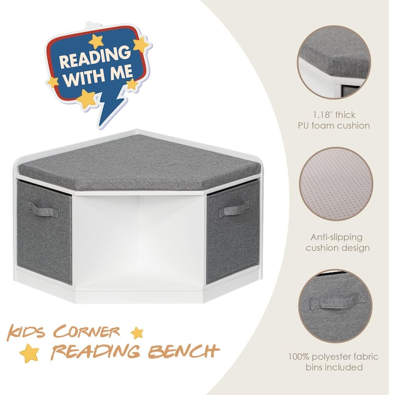 UTEX Corner Reading Nook, Bench with Storage, Corner Cabinet with 3 Cubbies for Living Room, Bedroom, White