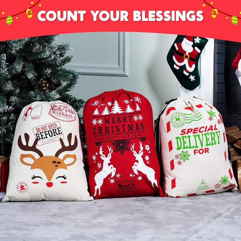 3 Packs Santa Sack, Large Christmas Canvas Gift Bag with Drawstring 26" x 19" for Hoilday Party Supplies - Multicolor