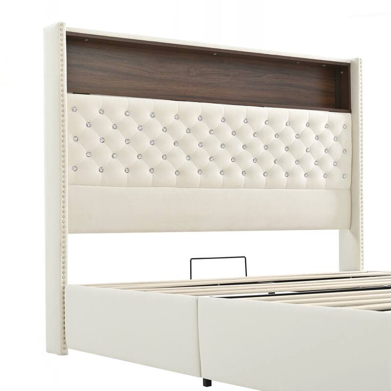 Queen Size Tufted Soft Bed Frame with USB Port and Night Light