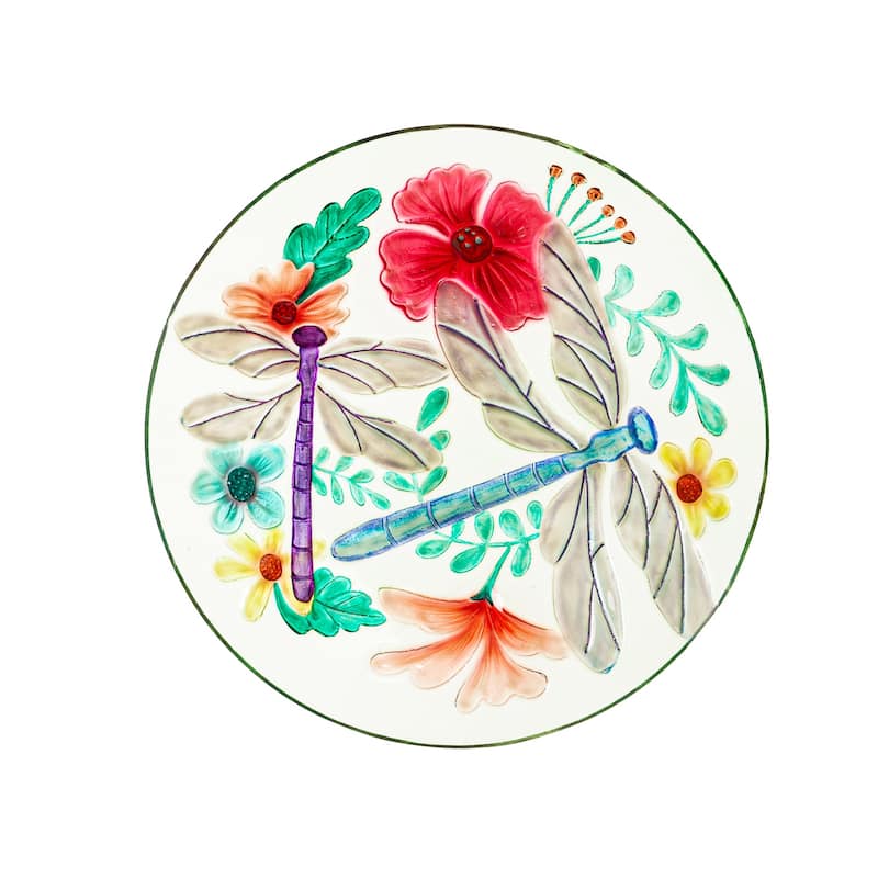18" Hand Painted and Embossed Glass Bird Bath, Dragonfly Swirls