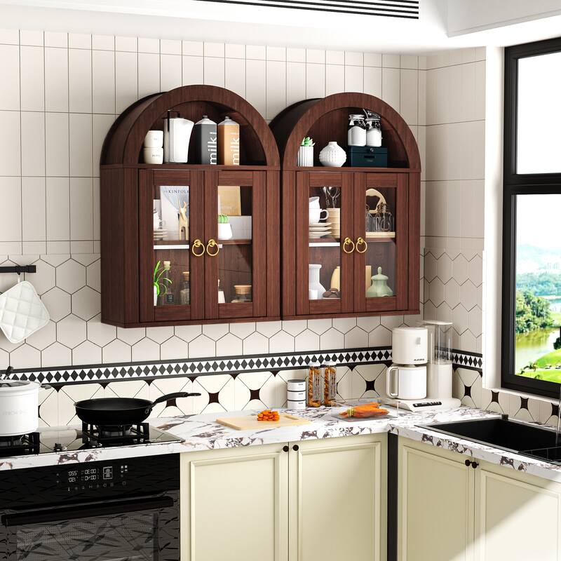 Wall Mounted Arched Cabinet with Glass Doors, Light and Adjustable Shelves for Laundry Room, Bathroom, Kitchen