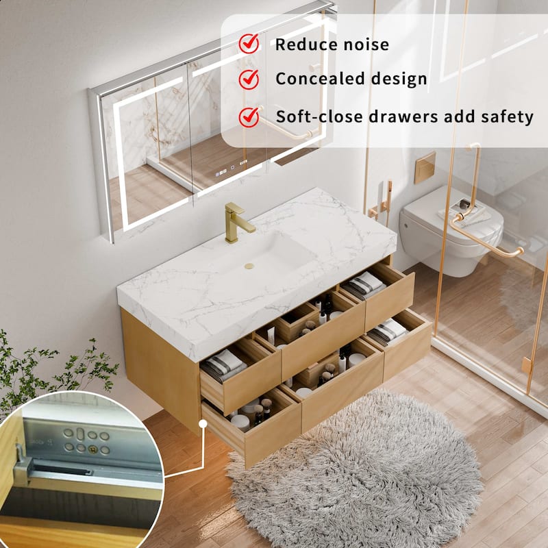 Modland 48" Floating Bathroom Vanity with Single/Double Sink, Modern Maple Wood Wall Mounted Vanity with Marble Countertop