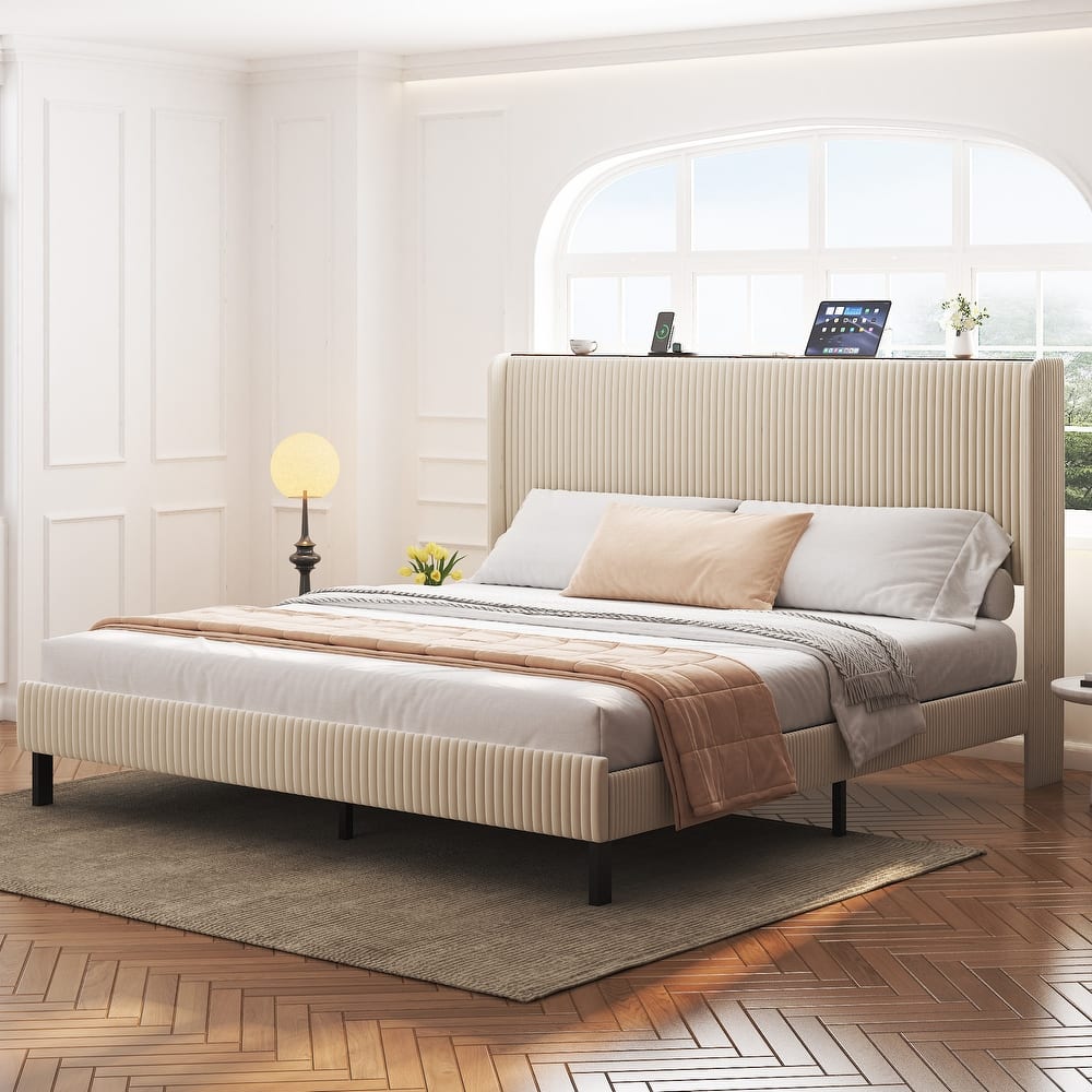 Upholstered Frame Bed Stripe Headboard Wingback Bed with Charging and Light Strip, No Box Spring Needed, Metal Slats Support