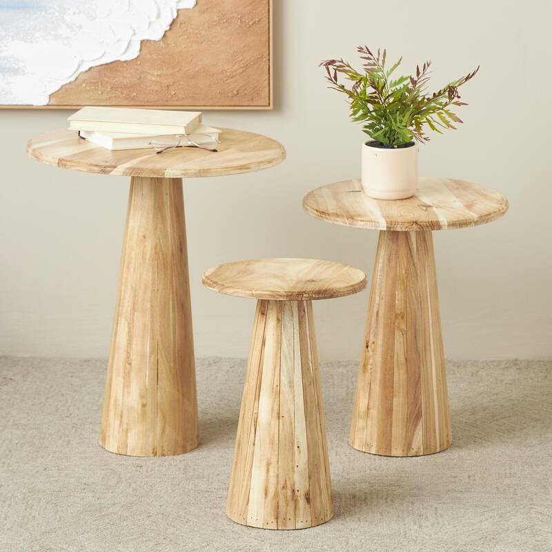 Brown or Light Brown Wood Side End Accent Table with Natural Wood Grains and Cone Shaped Bases (Set of 3) - Light Brown