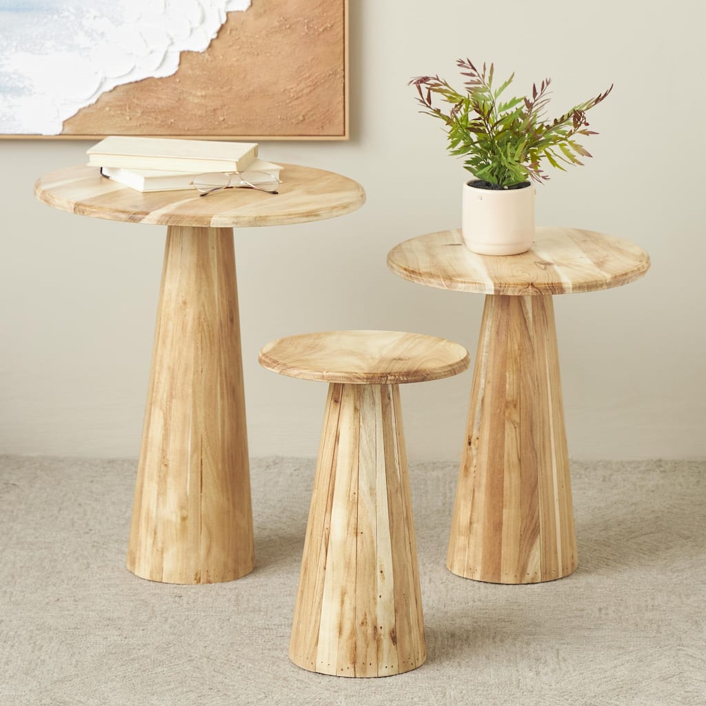 Brown or Light Brown Wood Side End Accent Table with Natural Wood Grains and Cone Shaped Bases (Set of 3)