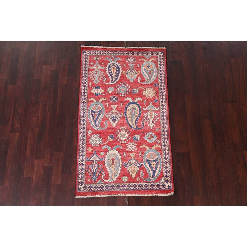 Vegetable Dye Geometric Paisley Super Kazak Area Rug Wool Hand-knotted - 2'10" x 5'0"