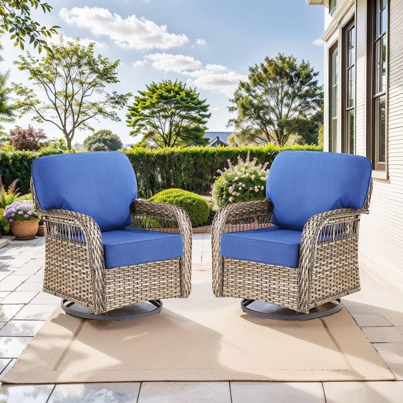 Pocassy Swivel Chair Table with Outdoor Ottoman Funiture Set. - Gray Wicker Blue Cushion - 2-Piece Swivel Chair