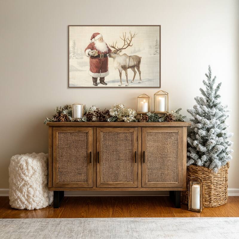 Santa Claus with Reindeer in Winter Wonderland by Melloi Art Prints Framed Canvas Wall Art Print - Sylvie Beaded Dark Gold