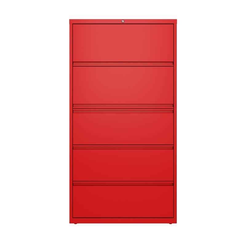 Hirsh 36-in Wide HL10000 Series 5 Drawer Lateral File Cabinet with Posting Shelf and Roll-Out Binder Storage, White - Red - Legal