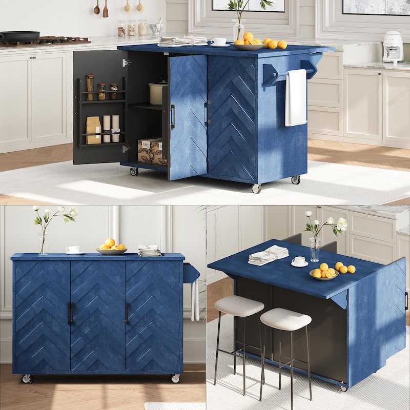 51.2"W Kitchen Island with Drop Leaf, Farmhouse Kitchen Island on Wheels with Internal Storage Rack Rolling Kitchen Cart
