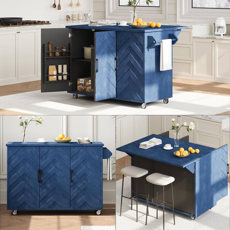 Mobile Kitchen Island on Wheels, Rolling Island Cart with Drop Leaf, Kitchen Island with Storage Rack & Adjustable Shelves
