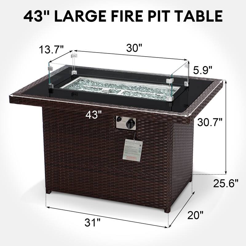 FINCATI 43" Outdoor 60,000 BTU Propane Fire Pit Table, Elegant Natural Gas Wicker Fire Pit, Patio Rectangular Fireplace
