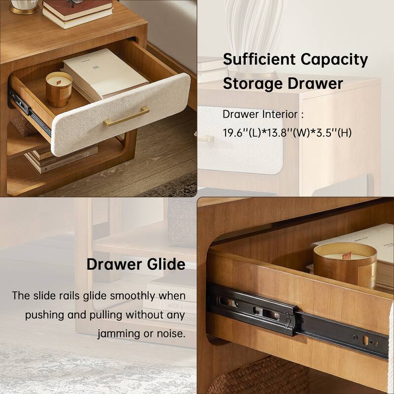 18" Modern Nightstand with Textured Fabric Drawer and 2-Tier Open Shelves