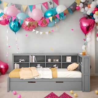Wooden Twin Size DayBed with Twin Size Trundle and Storage Shelf and USB Charging Ports, Grey