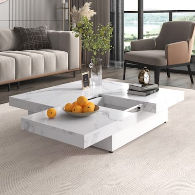 Marble or Wood Grain Veneer Top Square Coffee Table with Hidden Storage, Center Cocktail Table with Sliding Top