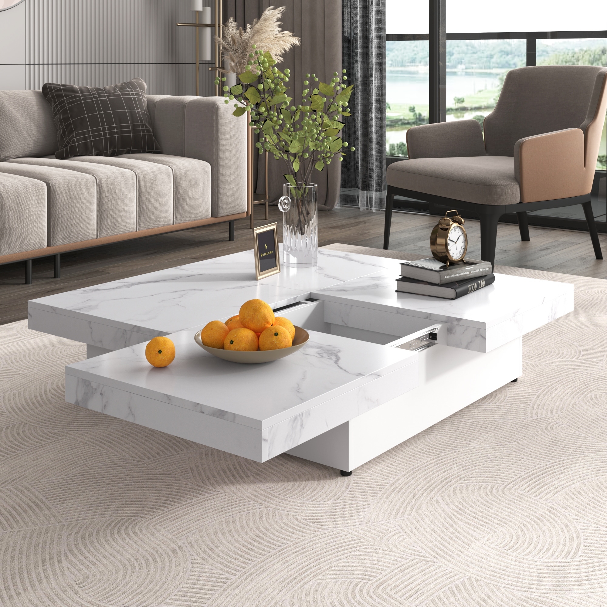 Marble or Wood Grain Veneer Top Square Coffee Table with