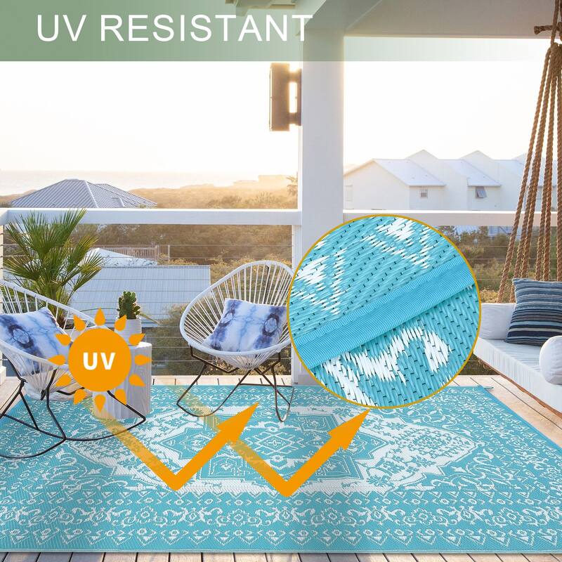 Outdoor Patio Rug Waterproof Reversible Carpet Vintage Boho Medallion Rug Plastic Straw Rug