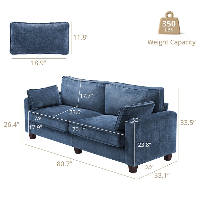 81" Modern Corduroy 3 Seater Sofa, Polyester Rectangle Upholstered Sofa with Wood Base for Living Room - 81"W X 33"D X 26"H