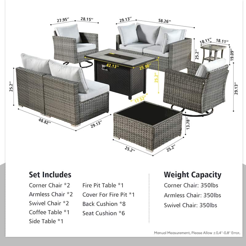 HOOOWOOO 9-piece Grey Rattan Outdoor Furniture Fire Pit Set with Swivel Chairs