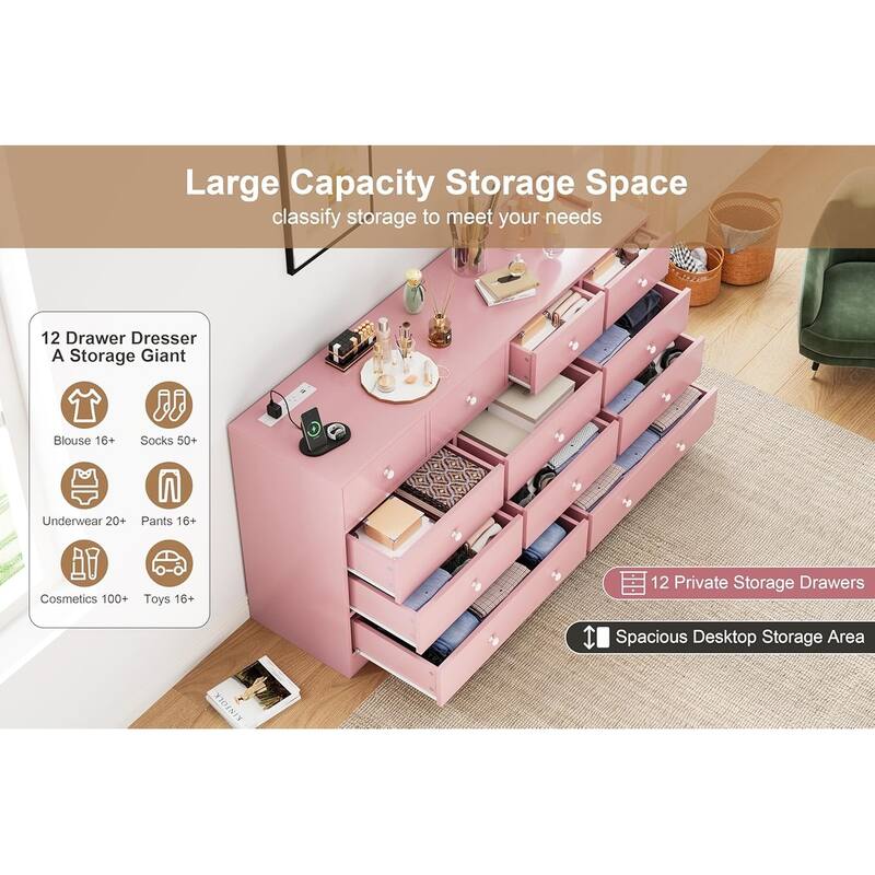 Dresser for Bedroom,12 Drawer Dressers & Chests of Drawers, Wood Storage Drawer Dresser with Power Outlet