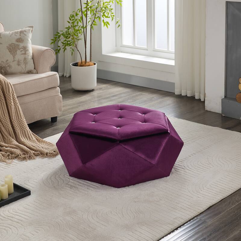 Velvet Polygon Ottoman with Diamond Lid, Multi-Functional Tufted Stroage Ottoman for Bedroom Entryway Foot Rest Stool - Purple