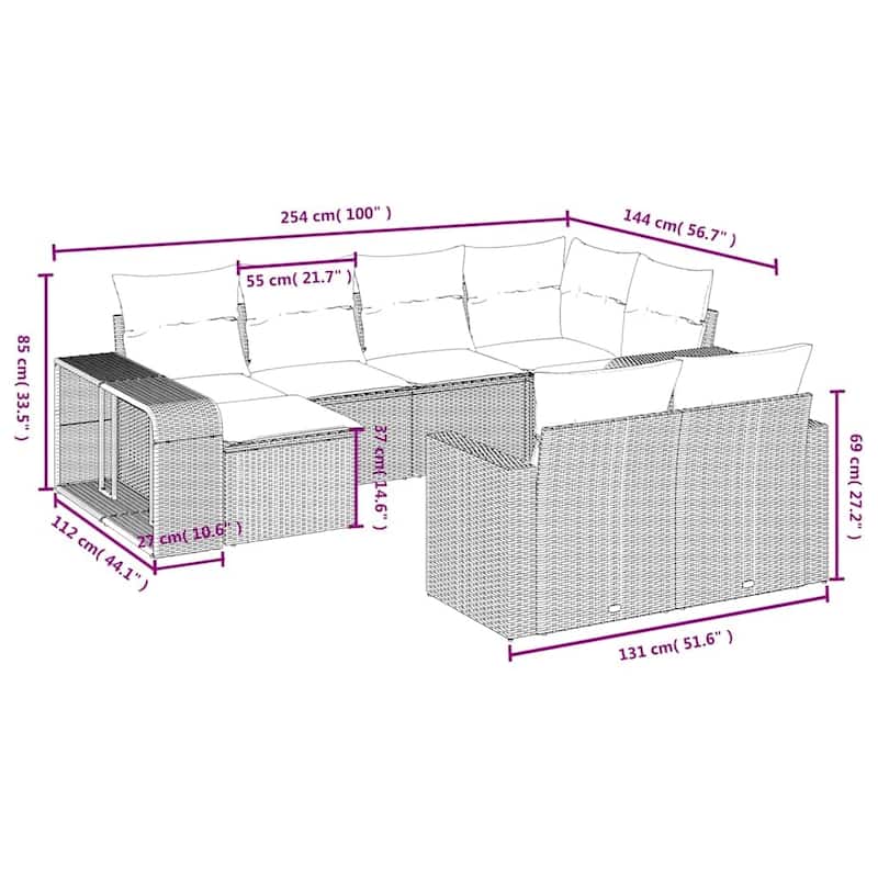 vidaXL 10 Piece Patio Sofa Set with Cushions Brown Poly Rattan - 25.8 x 24.4 x 27.2