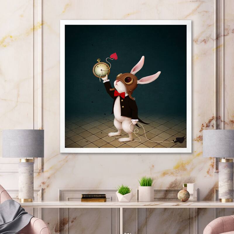 Designart "White Rabbit Alice In Wonderland I" Children's Art Framed Art Print - 30 In. Wide x 30 In. High - White