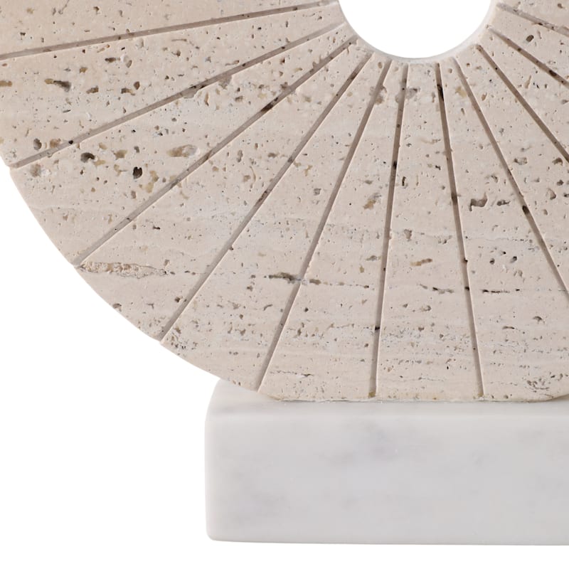 Travertine Marble Geometric Fan Modern Sculpture Decor - 11" Tan - 10" x 2" x 11"